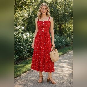 Boho Red Floral Smocked Midi Woman's Dress Summer Cottagecore Adjustable Straps